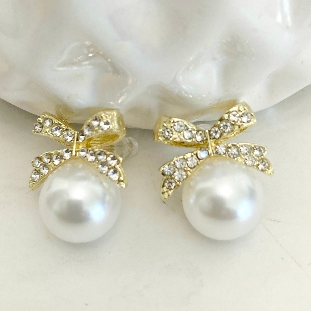 Gold Bow Stud Earrings 18K Faux Pearl Rhinestone Coquette Romantic 💖 - Picture 7 of 13
